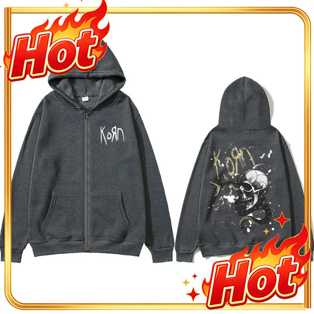 Sudadera con capucha y cremallera con estampado de serpiente y esqueleto de la banda de rock Korn, para hombre y mujer, estilo clásico de los años 90, sudadera con capucha y cremallera, chaqueta holgada con cremallera para hombre.