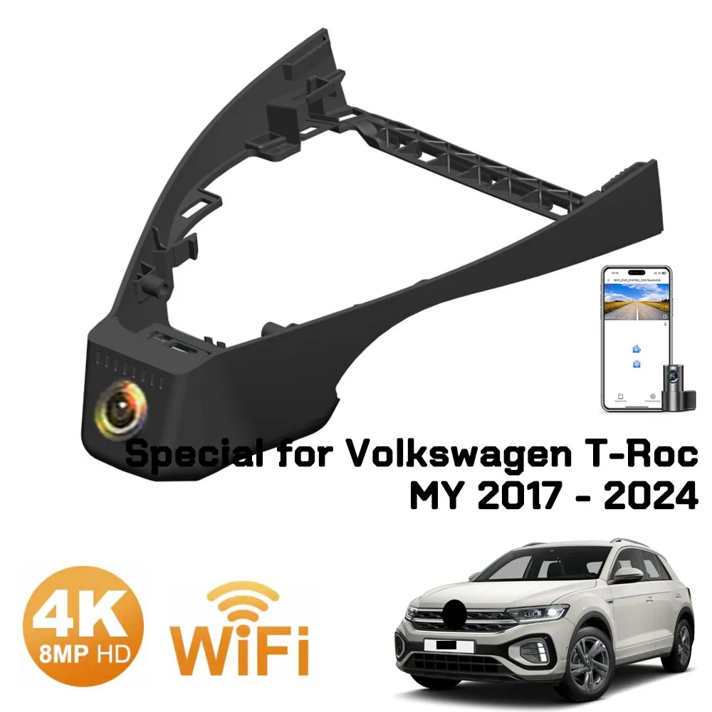 Dashcam Front and Rear Dash Cam 4K Wifi Dual Camera for Volkswagen T-Roc Vw Troc R Line 2024 2023 2022 2021 2020 2019 2018 2017