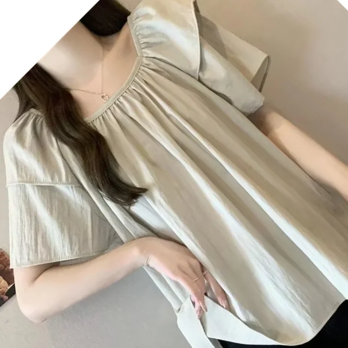 Plus-size Women's Summer New Pure Color Loose Slimming Belly-covering Versatile Simple Style Retro Square Neck Short-sleeve Top