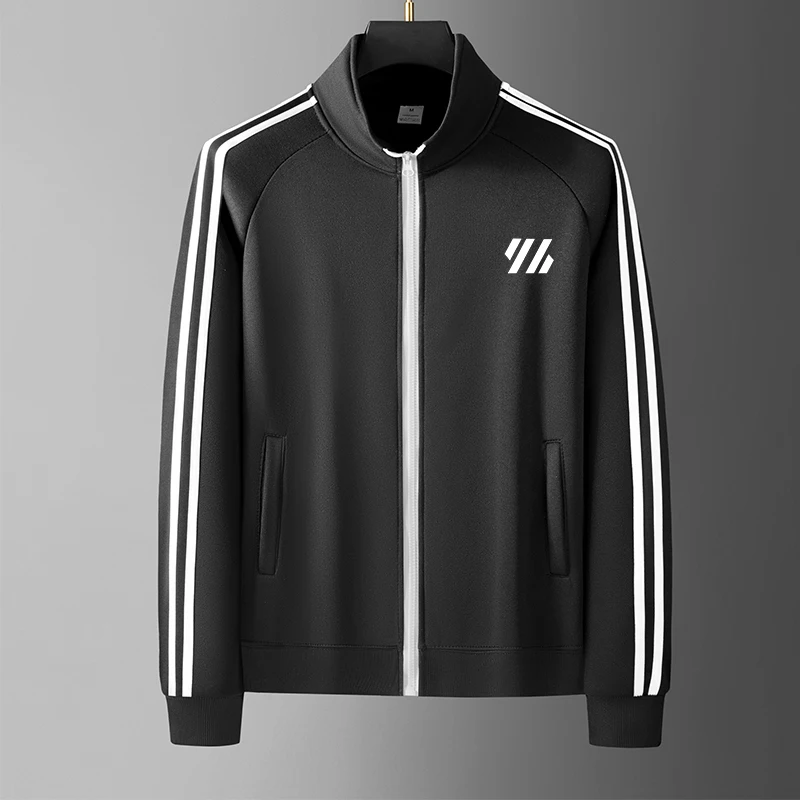 Men Casual Sports Track Jacket Stand Collar Full Zip 3 White Stripes Long Sleeve Sportswear Male Gym Running Training Outer Coat
