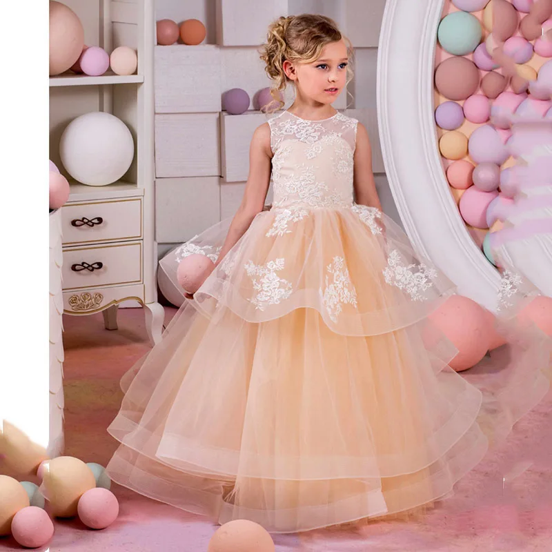 

Champagne Ball Gown Baby Flower Girl Dresses Organza Appliques Children Wedding Birthday Party Gowns