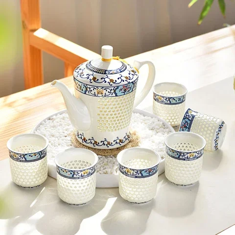 China green flower porcelain exquisite tea cup Jingdezhen honeycomb hollowed ceramic Kung Fu tea set teapot coffee suit