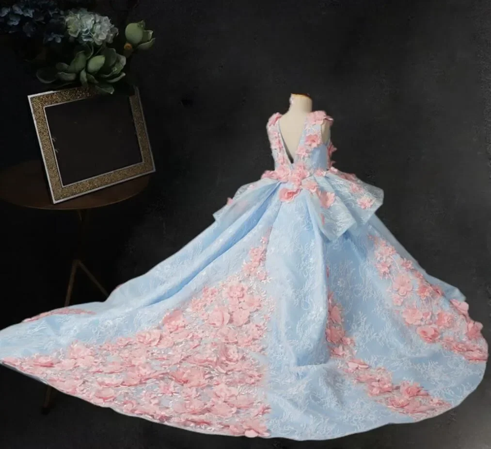 Vestidos de niña de flores azules de lujo personalizados para bodas apliques de satén vestido largo de desfile de dama de honor vestido de primera comunión