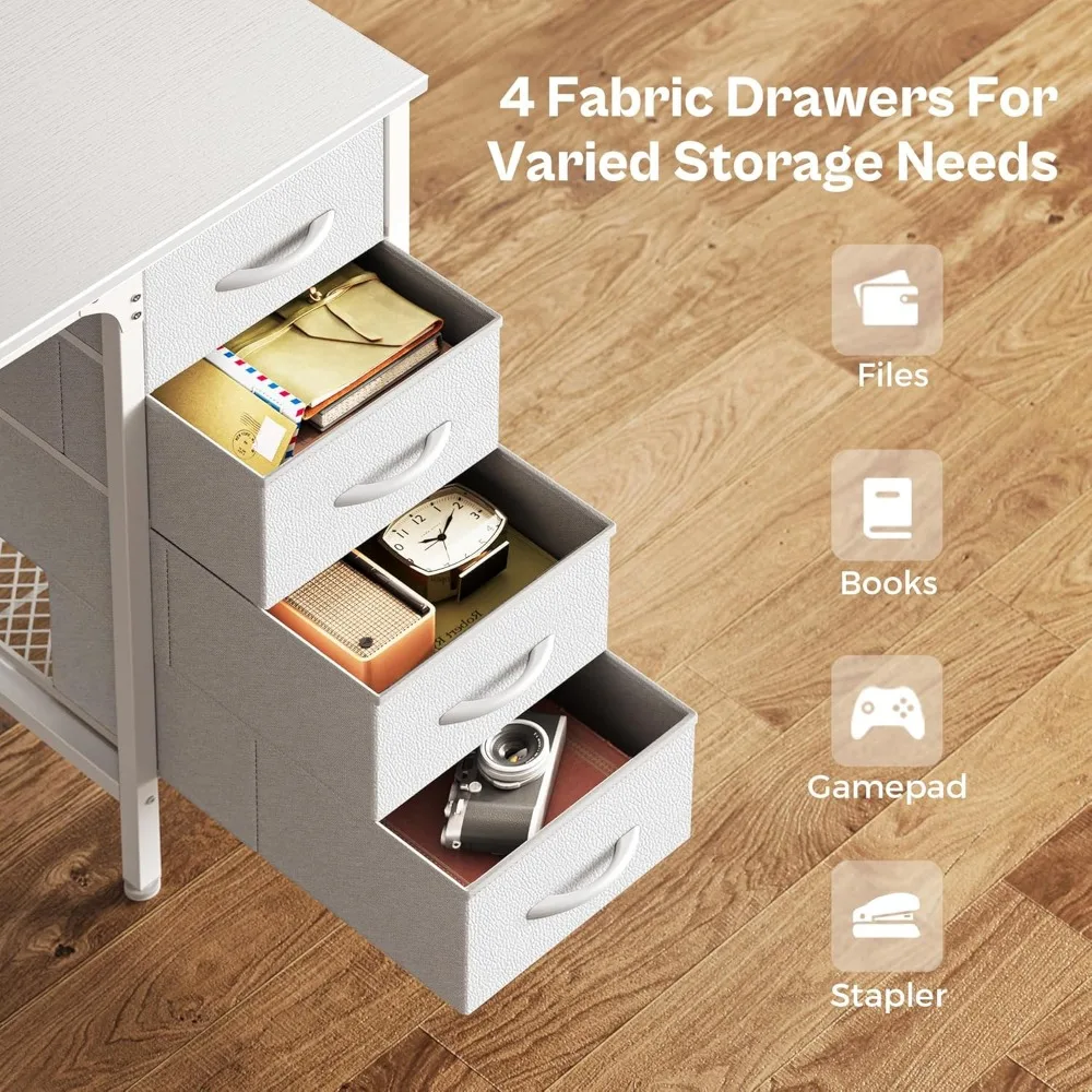 مكتب أبيض كبير مقاس 47 بوصة مع 4 أدراج، وطاولة دراسة ذات رف شبكي، ومكتب كمبيوتر منزلي مع مساحة تخزين كبيرة #4