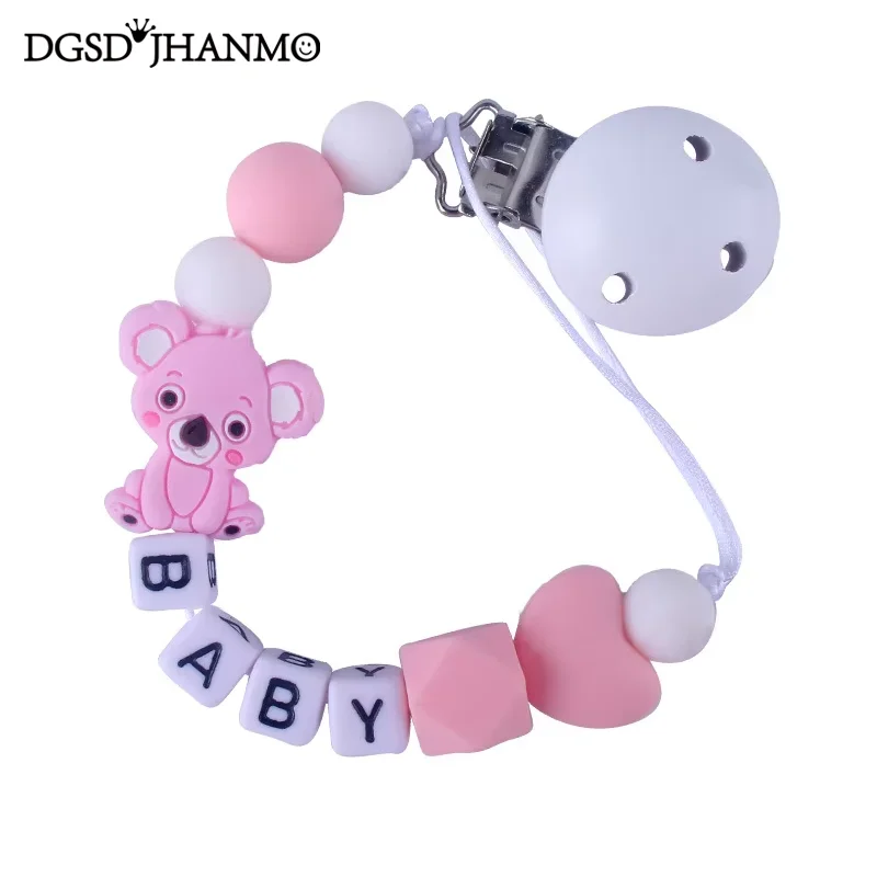 

Free Personalized Name Baby Pacifier Chains Anti-Drop Silicone Koala Infant Pacifier Clips Holder Teething Toy Newborn Chew Gift