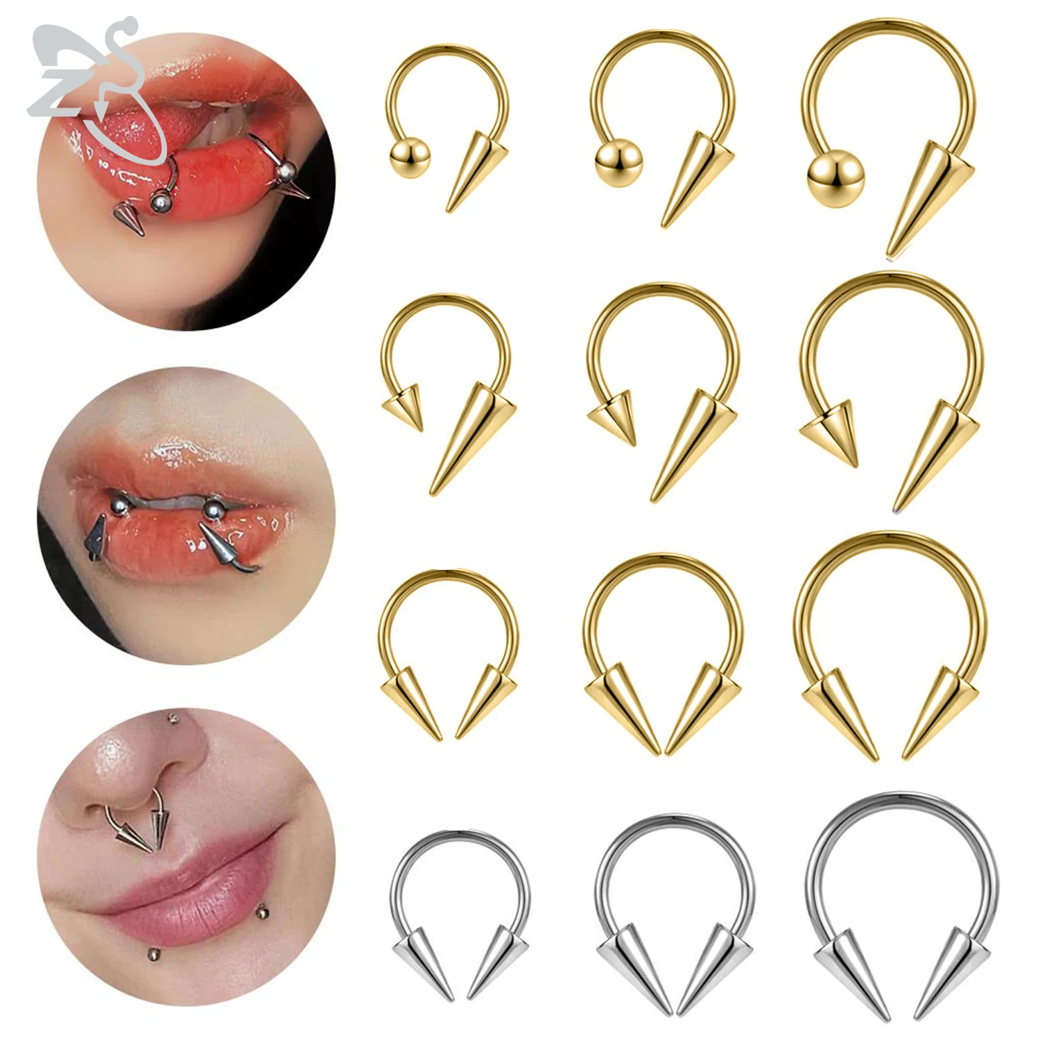 

ZS 1PC Gold Color Cone Septum Ring Stainless Steel Horseshoe Barbell Nose Piercing Spike Lip Rings 16G Tragus Helix Piercings