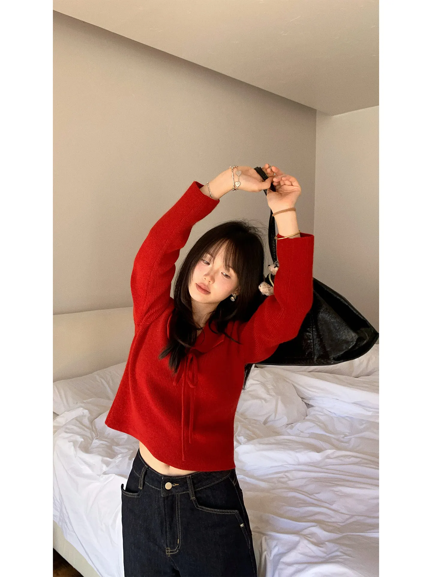 

Red Doll Collar Knitted Sweater Women's Winter Slim Fit Top Korean Sle Straight Tube Long Sve No Hat ort Length