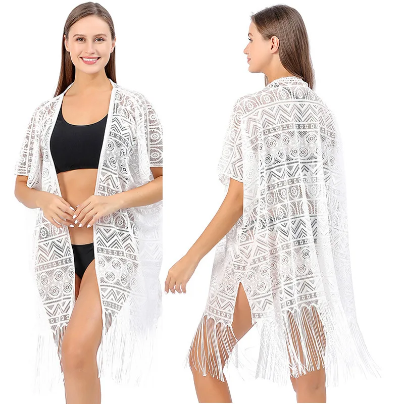 Cardigan con frange geometriche europee e americane, protezione solare ricamata, cappotto da spiaggia in pizzo nero transfrontaliero, camicetta lunga bikini