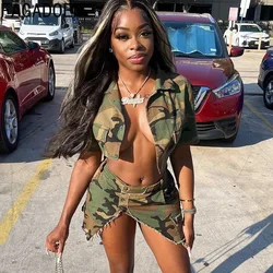 FAGADOER Fashion Camouflage Print Irregular Mini Skirts Two Piece Sets Women Turndown Collar Button Crop Top And Skirts Outfits