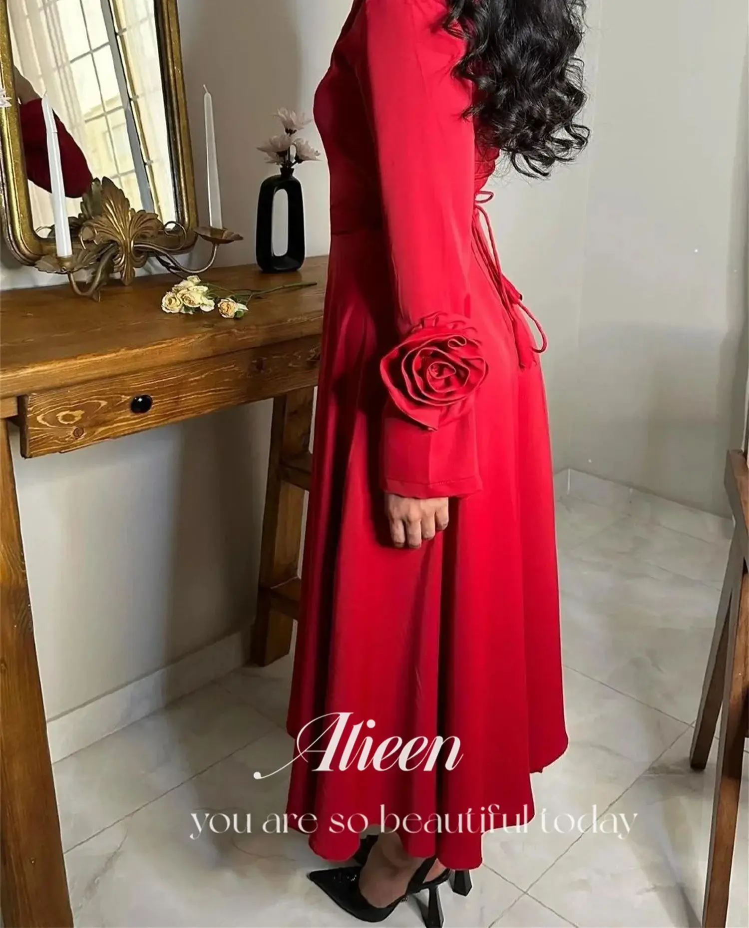 Aileen Long Sleeves Square Collar Red Dresses Gala Wedding Party Dress Evening Elegant Woman Prom 2024 Graduation Women Luxury