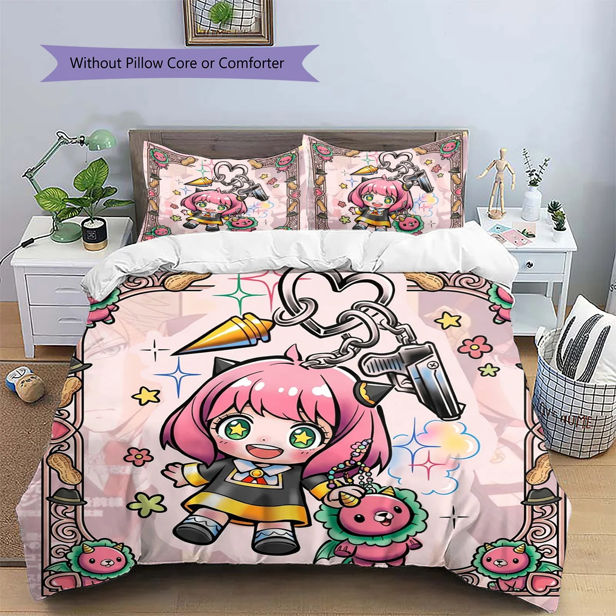 Anya Forger Patterned Pillowcase & Duvet Cover Set Anime Style Bedding Bedroom Decoration Perfect Gift for Anime Lovers.-TING