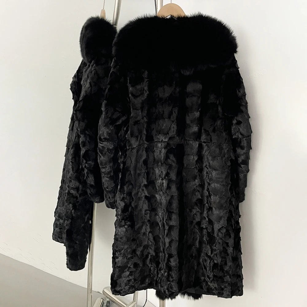 OFTBUY abrigo largo de piel cálida piel de visón auténtica mujer 2025 nuevo Otoño Invierno cuello de piel de zorro Natural mujeres prendas de vestir exteriores de manga larga negro