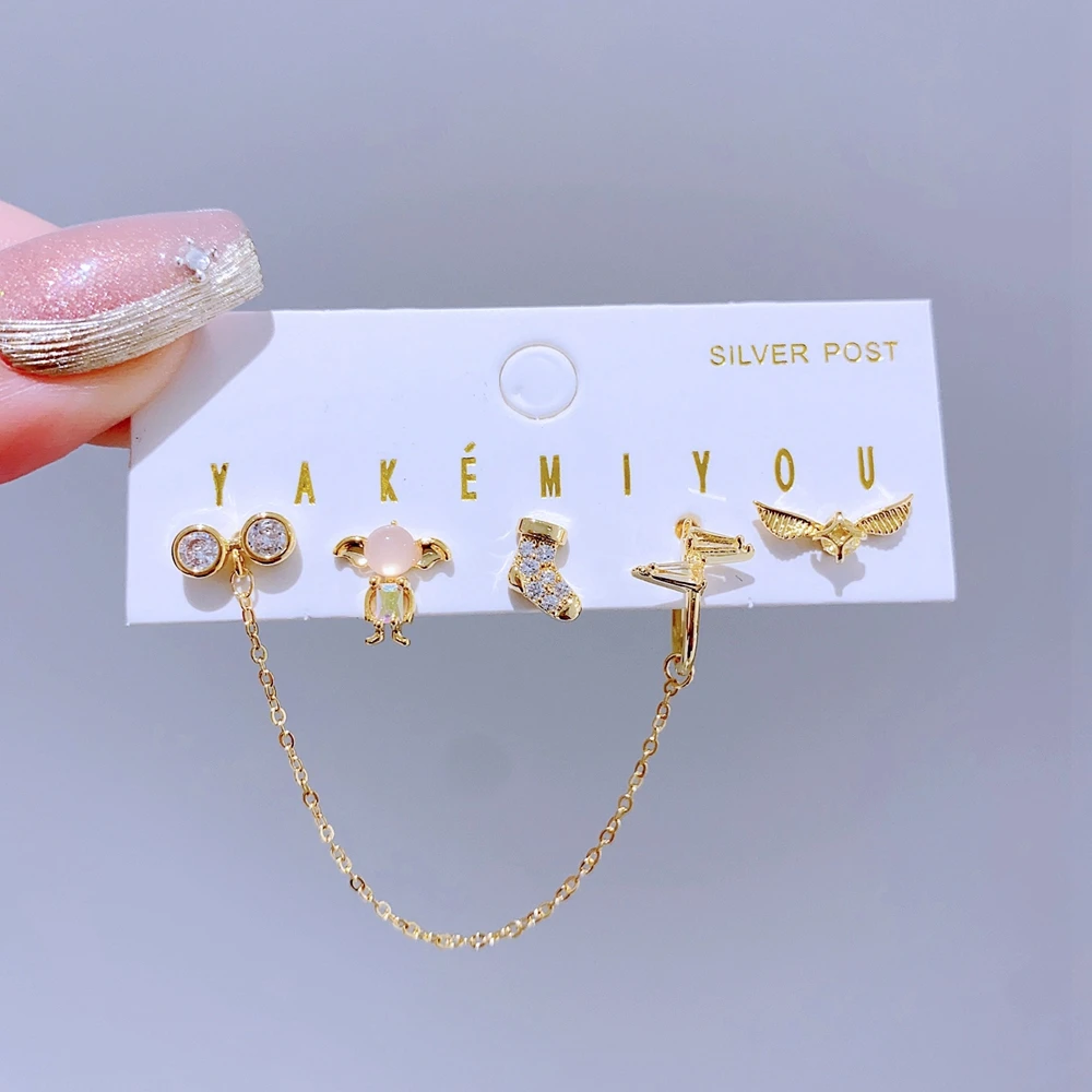 5pcs/set Mixed Cartoon Stud Earrings Gold Color Plated Cubic Zirconia Crystal Women Girls Jewellery