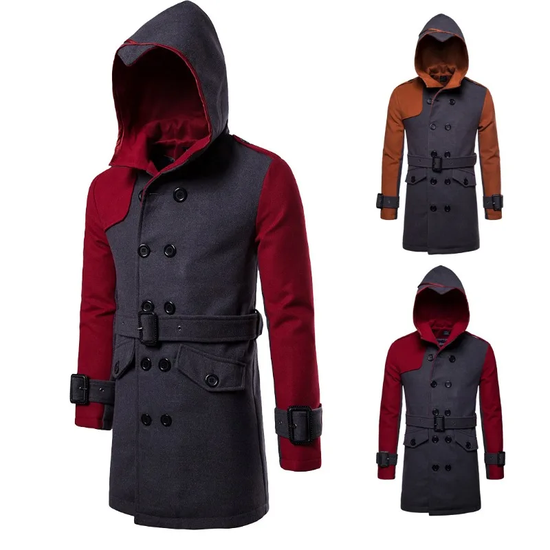 Foreign Trade Men's Clothing, New Double-breasted Hooded Belt Medium and Long Trench Coat B042