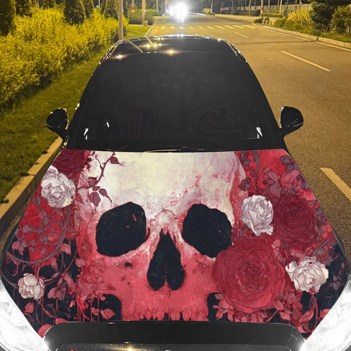 Striking Red Skull With Floral Accents Car Hood Stickers - Self-Adhesive, Waterproof and Durable Vinyl Wrap, Decorate And Protec