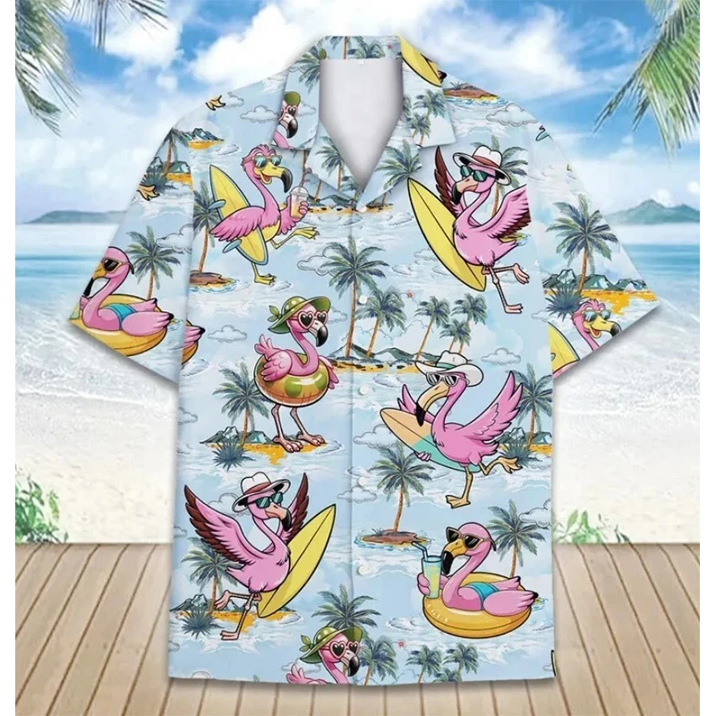 2025 الصيف الحيوان فلامنغو الرجال قميص هاواي صيفي ثلاثية الأبعاد قميص للرجال مضحك الكرتون طباعة حجم كبير قمصان هاواي الشاطئ زهرة قميص