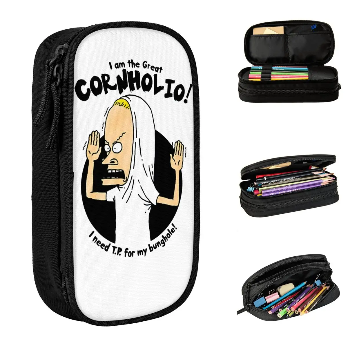 Large-capacity Pen Box The Great Cornholio Scary Office Accessories Beavis and Butthead Double Layer Pencilcase Makeup Bags