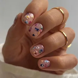 24pcs Nude Colorful Pink Floral Short Artificial Press on Nails Reusable Adhesive Cute False Nails Set Charms Woman Fake Nail
