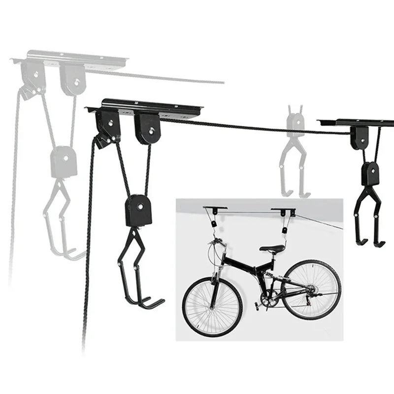 نظام رفع الدراجة في سقف المرآب - تخزين البكرة مع شماعات الدراجة، حامل فعال موفر للمساحة للدراجات - ABYA