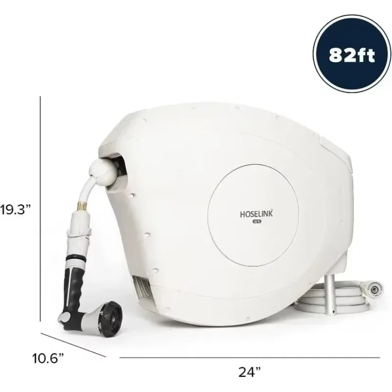 ضمان الأصالة. بكرة خرطوم حديقة أوتوماتيكية قابلة للسحب بطول 82 قدمًا، 9/16 بوصة، فوهة رش ذات 8 أنماط، خالية من الأشعة فوق البنفسجية