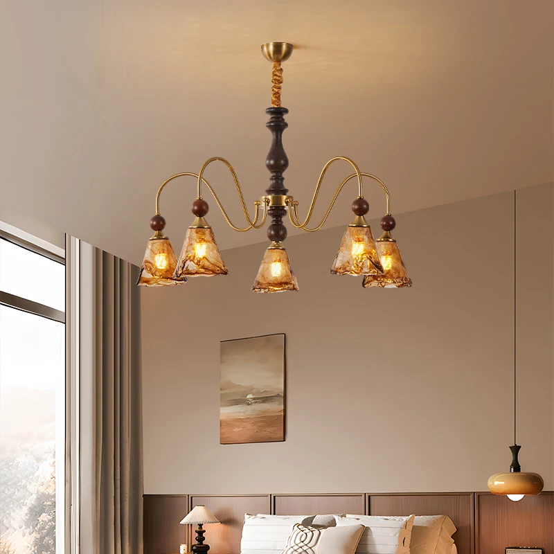 ثريا غرفة المعيشة الفرنسية، ضوء قلادة جديد من الخشب الصلب لغرفة النوم الرئيسية وغرفة الطعام، تركيبات زجاجية