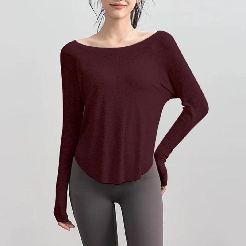 

Women's yoga sports T-shirt, Modal ribbed yoga long sleeved outdoor sports loose top slimming yoga T-shirt cover