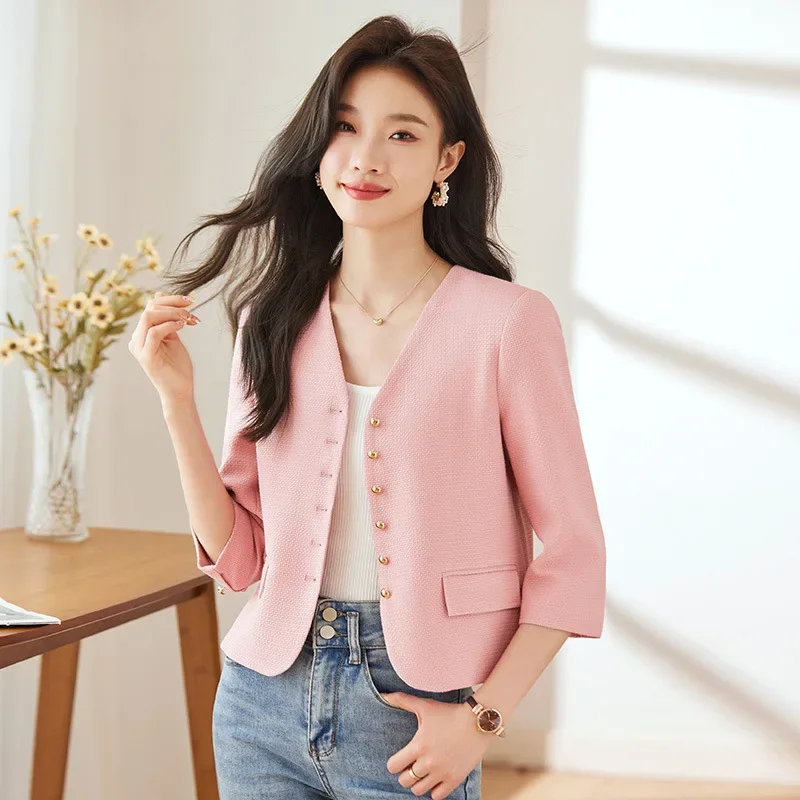 High quality short blazer for women single breasted three quater sleeve new spring 2025 elegant fashion office clothes pink blue