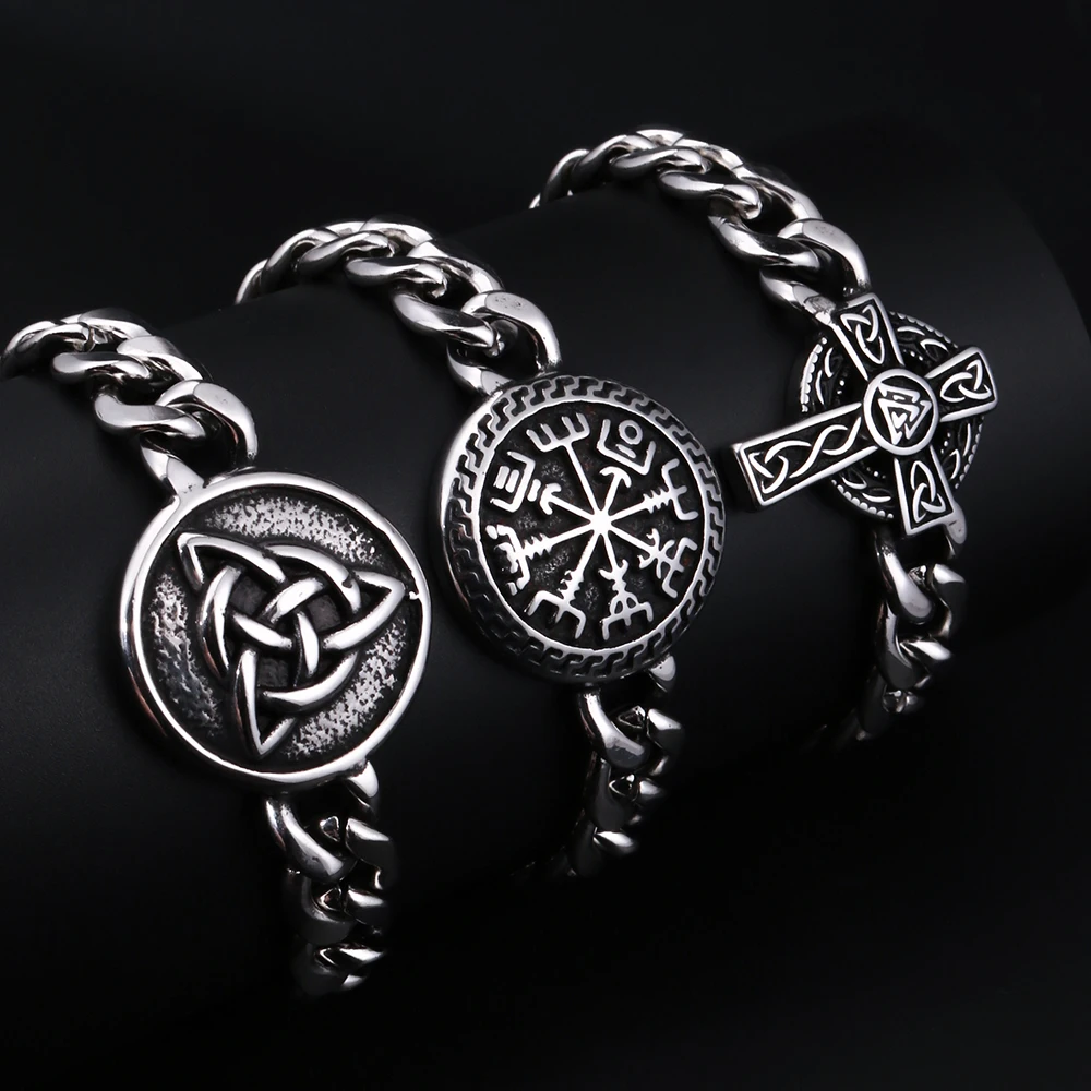 Medieval Norse Viking Rune Wolf Bracelet Man Stainless Steel Valknut Witch Knot Compass Bracelet for Men Scandinavian Jewelry