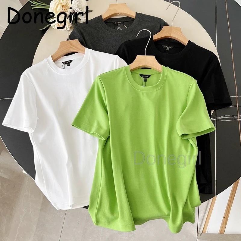 Donegirl 2024 Summer T-shirt Women Gray Basic Top Round Neck Solid Color Cotton Short Sleeve Tees Ladies