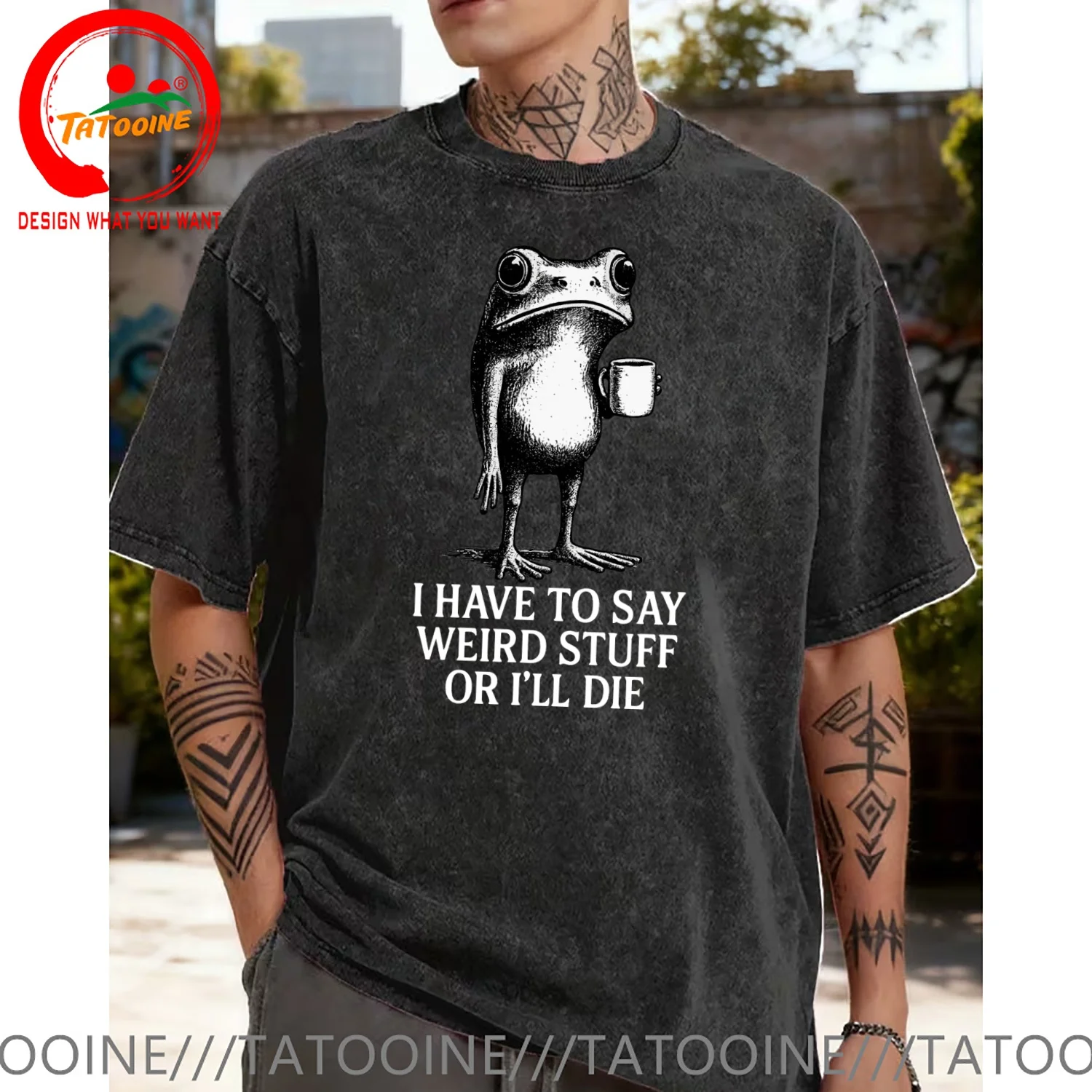 Funny Frog I Have To Say Weird Stuff Quote Vintage Illustration T Shirt Men Fashion Trendy Casual Clothing Stylish Tops