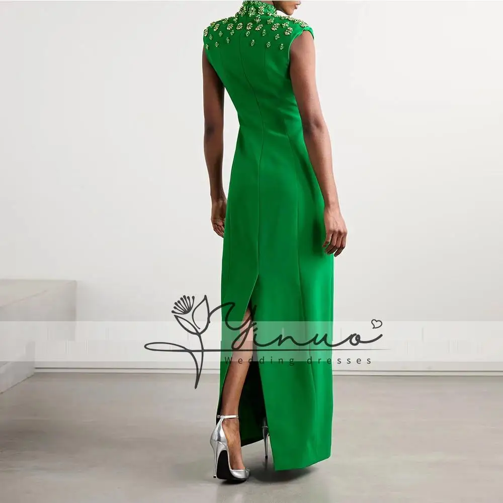 customized  Evening Gown Sheath Ankel Length Formal Wedding Party Dress V Neck Beading Saudi Dress Sleeveless Prom Dress