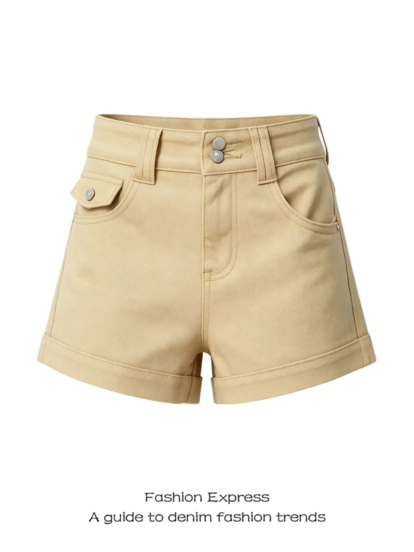 Slim Fit High Waist Short Shorts Women's Khaki Cuffed Denim Summer Thin Cotton Jeans Retro American Style High Waist Shorts