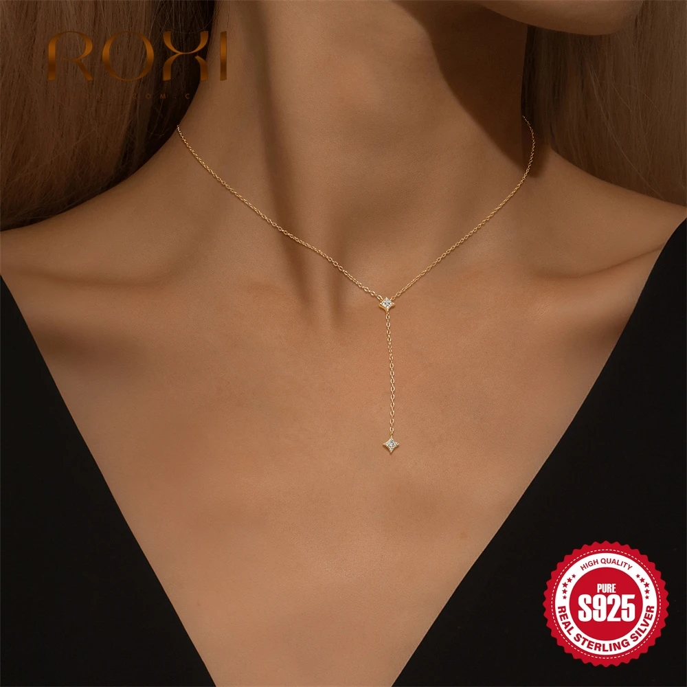 

ROXI стерлингового серебра 925 пробы Y-образное четырехугольное ожерелье со звездой и цирконием на ключице для женщин, модное INS, подарок на день рождения, ювелирные изделия