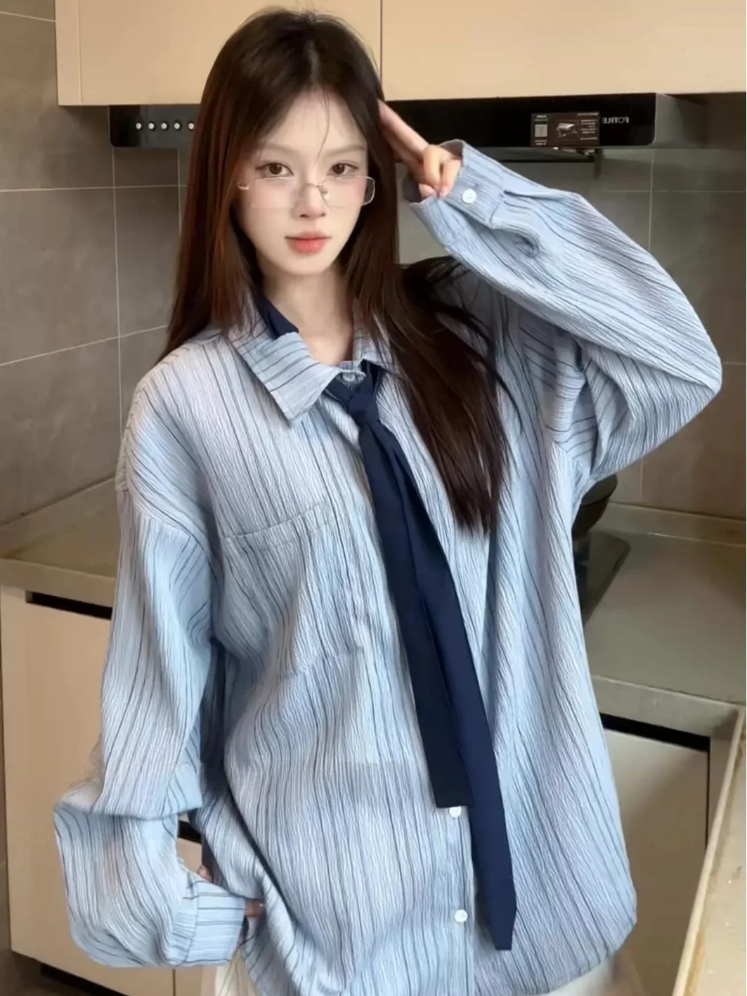 

Retro Blue Striped Long Sleeve Shirt Women's Casual Fashion Spring New Style Slimming Top Commute Style Polyester Fiber