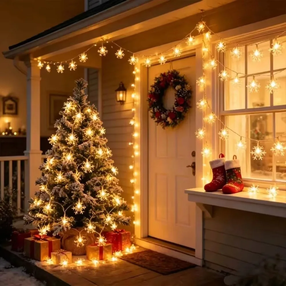 LED String Snowflake Decorative Lights Battery Powered Warm White Color for Christmas Tree, Wedding Party, New Year, Home Decor