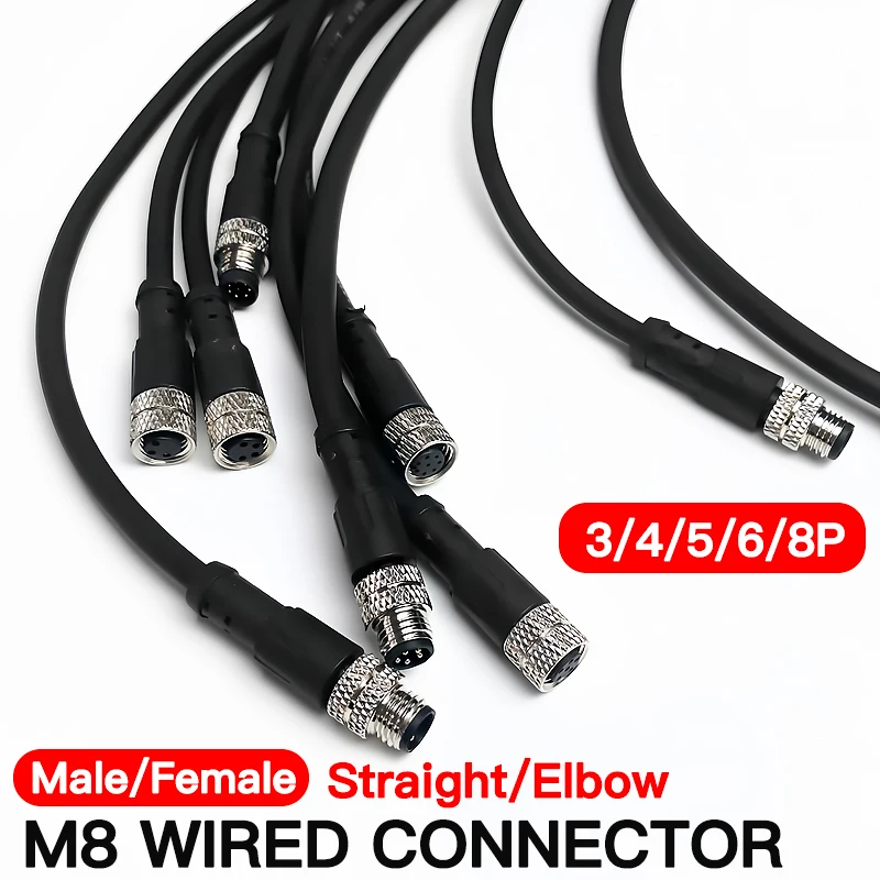 

2Meters M8 Male & Female Sensor Connector, 3-8 Pin Waterproof Plug, Integrated Injection Molding for Industrial Applications