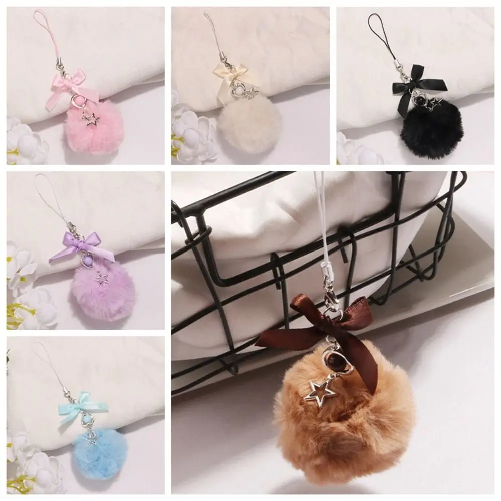 Ribbon Bow Mobile Phone Lanyard Bag Pendant Key Holder Hairball Pendant Hanging Cord Soft Cute Pompom Keychains Women Girls