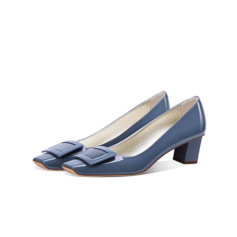 

Elegant Blue Square Buckle Pumps Chunky Heel Patent Leather Office Dress Shoes