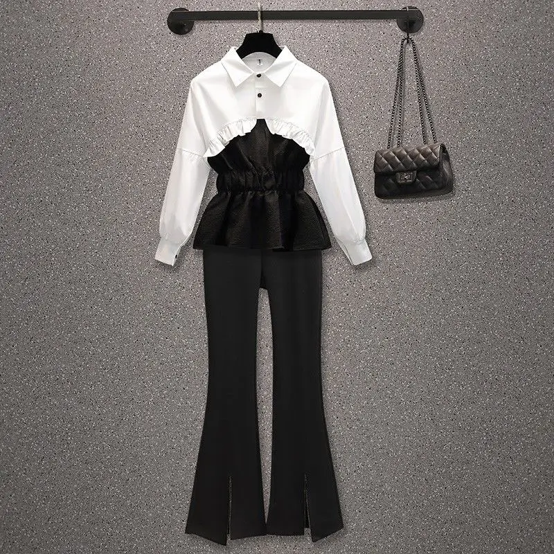 Autumn 2022 New Ruffle Panel Pleated Chiffon Shirt Casual Wide Leg Trousers Two Piece Elegant Women\'s Pants Set Female Trousers