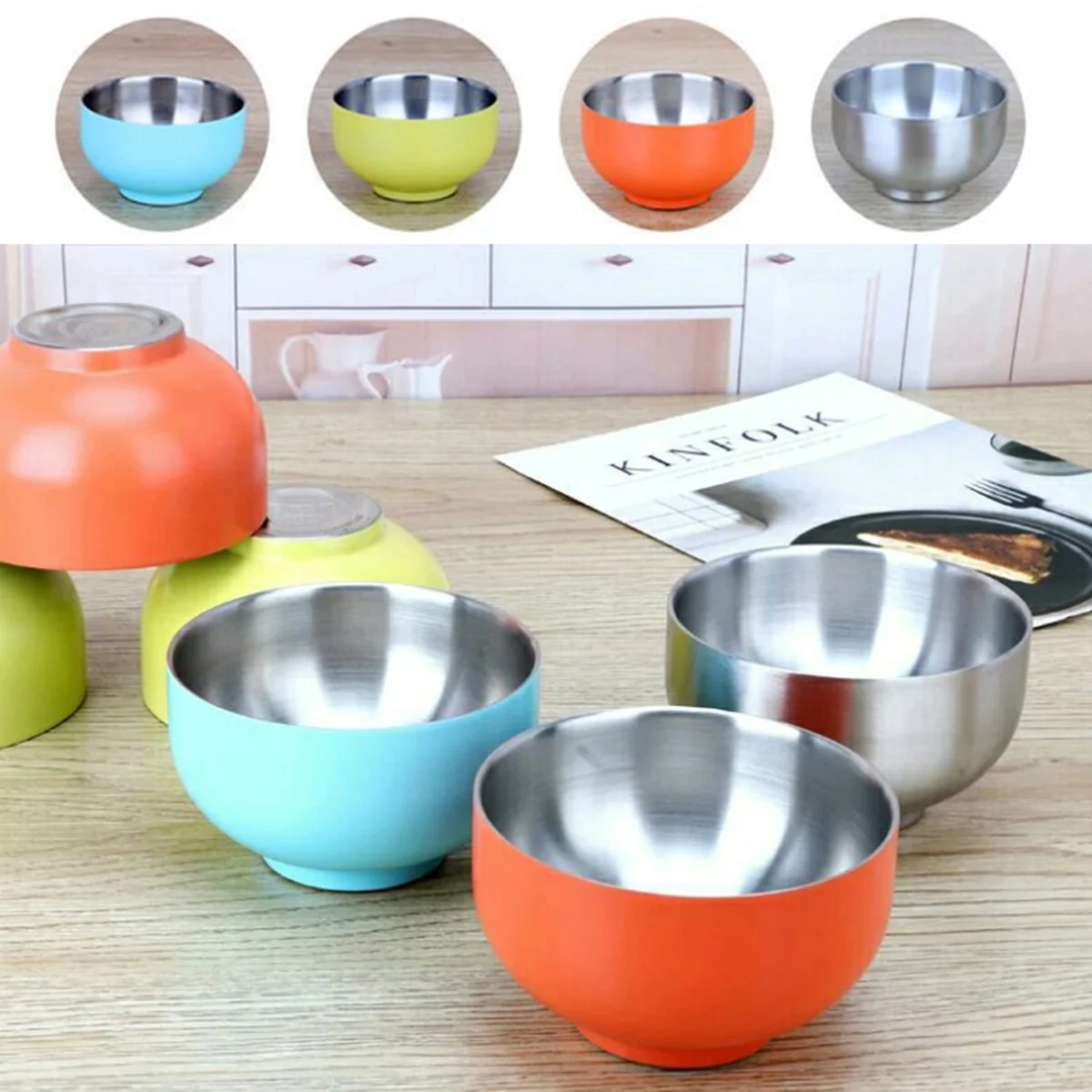 14 Cm Thickening Bowl Stainless Steel Soup Bowls Double Layer Snack Pearlescent