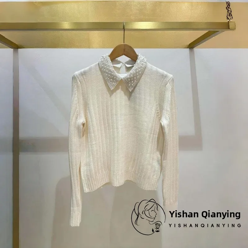

Detachable Beaded Collar Ribbed Cuff Knitted Sweater Women's Faionable Spring New Arrival Soft Knit Long Sve