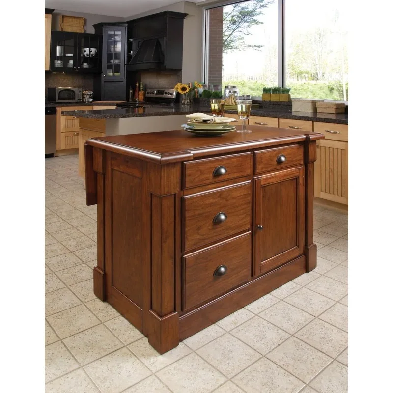 Aspen Rustic Cherry Kitchen Island Made of Mahogany Wood Four Storage Drawers and A Storage Cabinet with One Adjustable Shelf