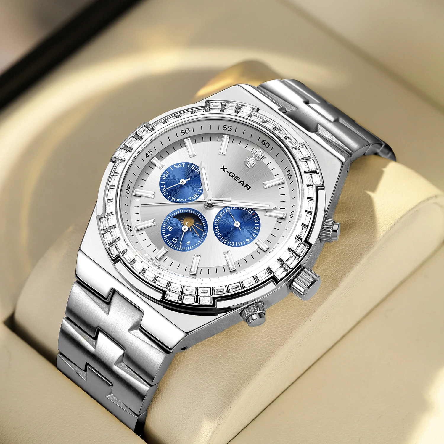 Relógio mecânico masculino X-GEAR, moda casual, relógio de pulso com pulseira de aço inoxidável dourado