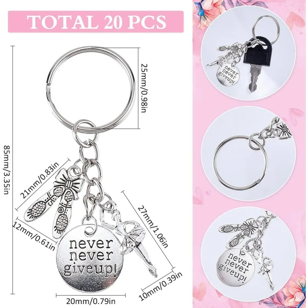 1 Box 20Pcs Never Give Up Keychain Bulk Ballet Keychain Pack Antique Silver Alloy Inspiration Word Dance Key Chains for Party