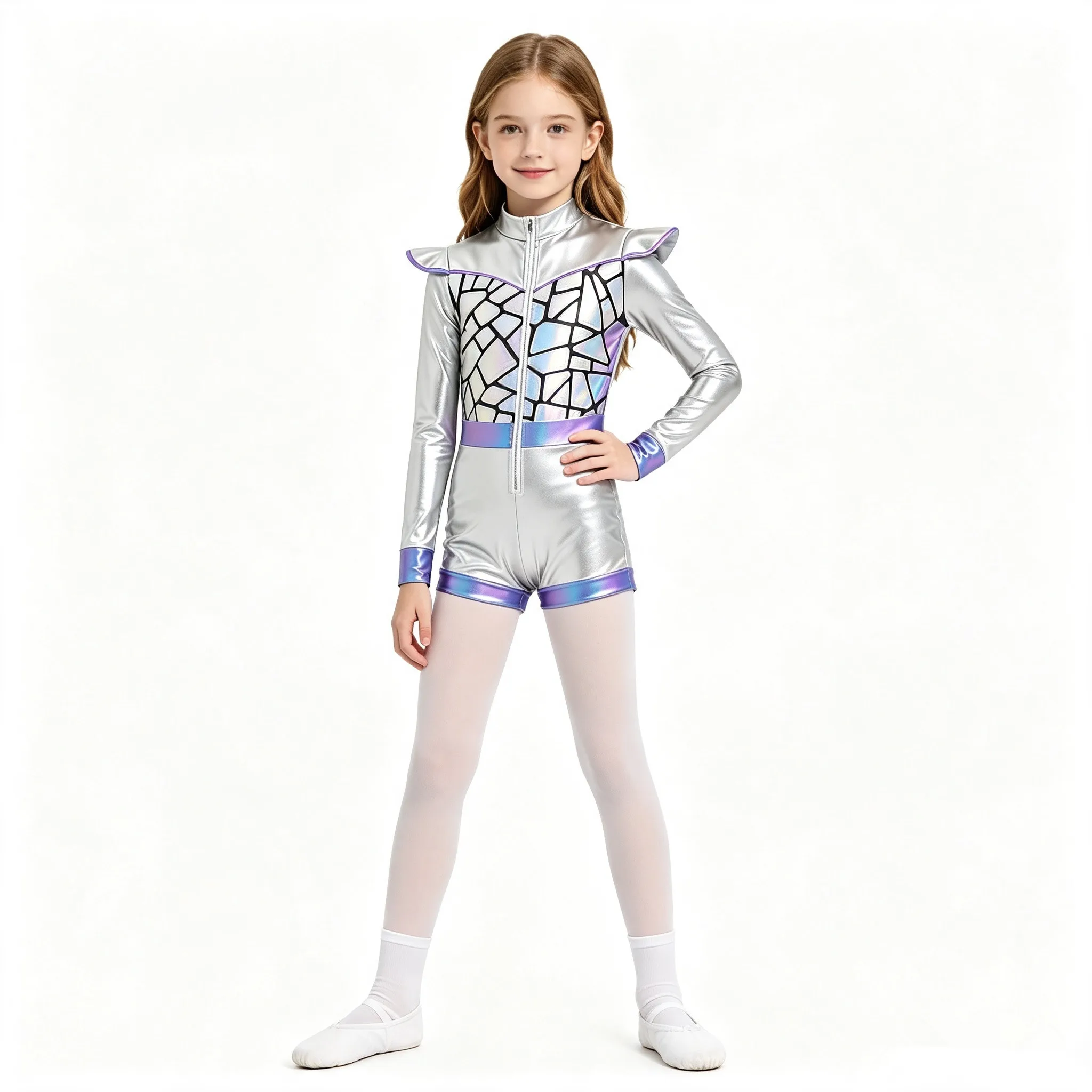 6-16Y Girls Metallic Shiny Sequin Alien Space Robot Astronaut Costume Long Sleeve Zipper Bodysuit for Halloween Carnival Party