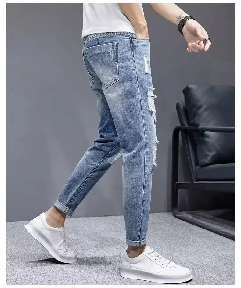 Street vintage ripped jeans 2024 fall new men's fashion brand slim feet all match personality nine point pants