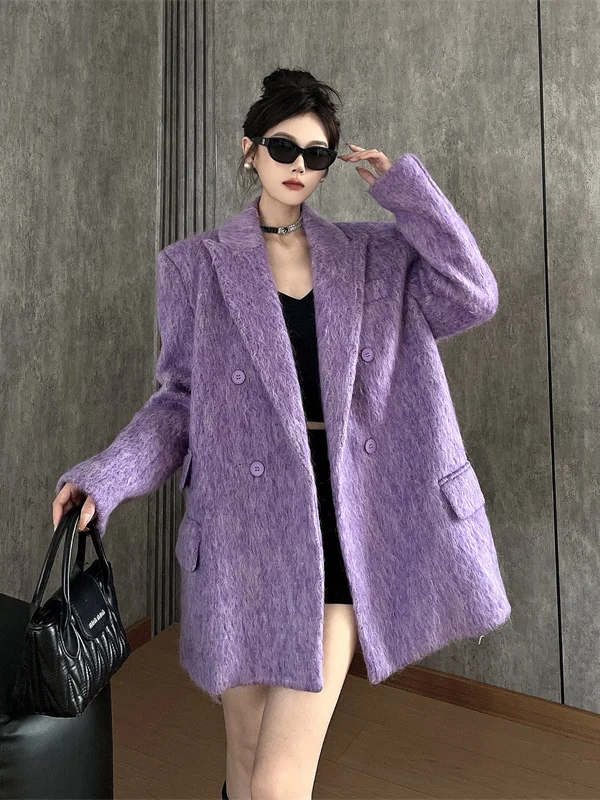 

Heavyweight Design Large Size Loose Purple Woolen Suit Jaet for Women Faionable Busin Casual Leisure Travel Outerwear