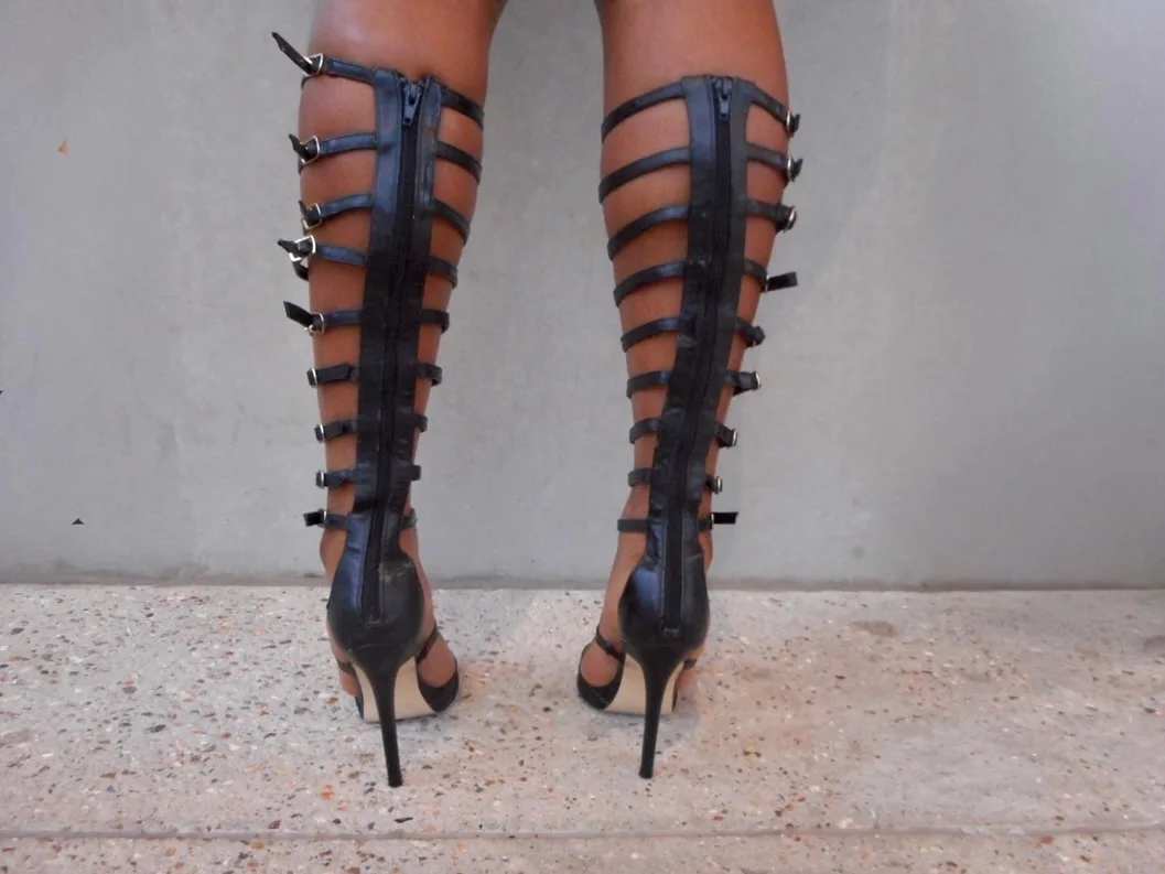 2026 Black Cut Out Buckled Sandals T-Strap Stiletto Heels Gladiator Women's Sandals Back Zipper Leather Splicing Runway Shoes 44