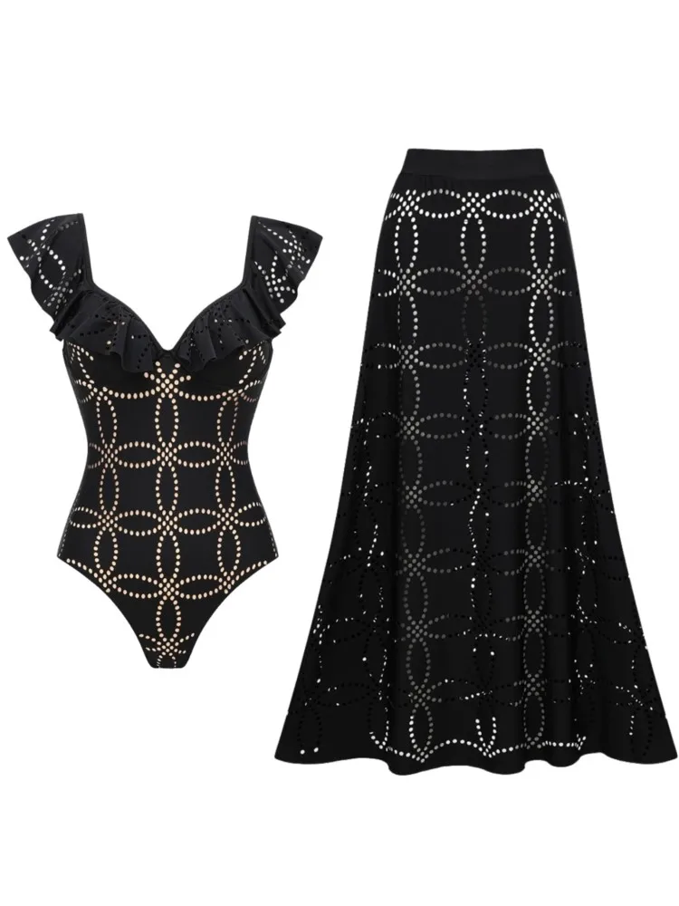 Bikini Bodysuit Swimwear Women With Skirt Bathing Suit Summer New Ruffle Splice Print Beachwear Holiday Bikini Cover Ups Outfits