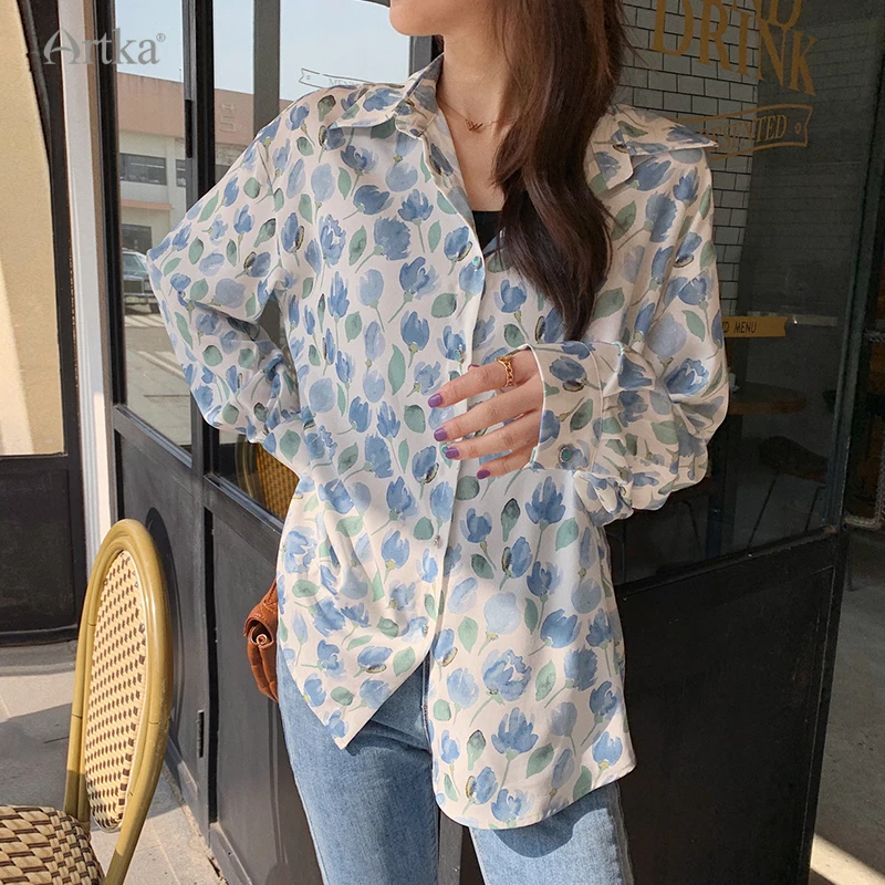 ARTKA 2023 Summer New Women Blouse Elegant Casual Lapel Floral Print Shirts Loose Long Sleeve Chiffon Shirts Female 22SA059C